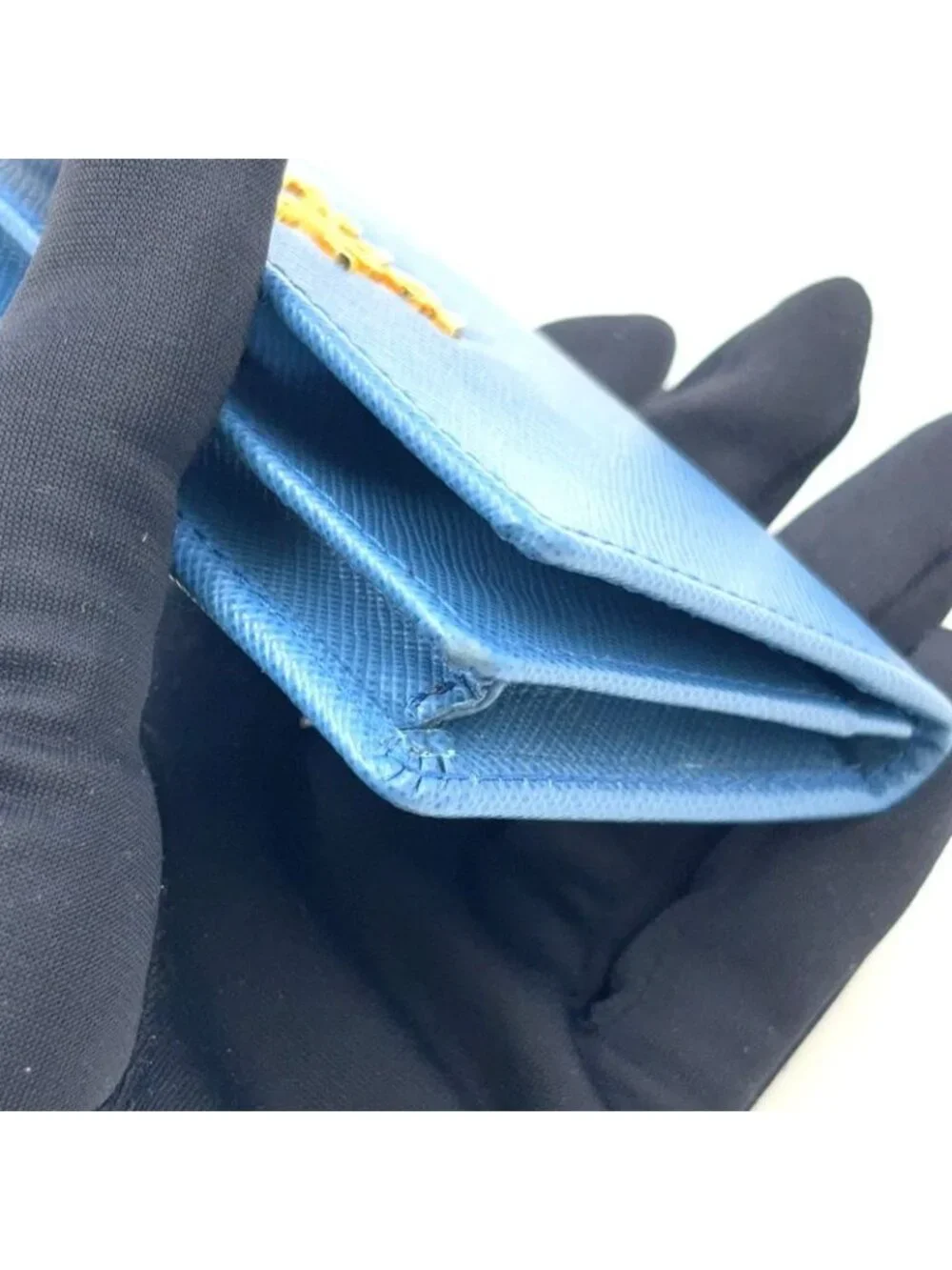 Prada Saffiano Metal Logo Leather Blue Card Case Gold - Picture 8 of 13